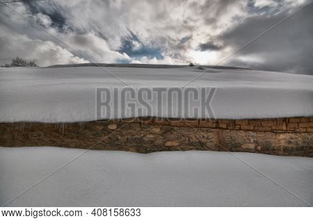 Winter Mountain Village Landscape With Snow And Cute Little Houses, Beautiful Nature Panoramic Backg