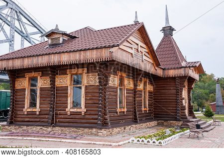 Russia, Khabarovsk, September 15, 2018: Museum Of The History Of The Amur Bridge, A Wooden House