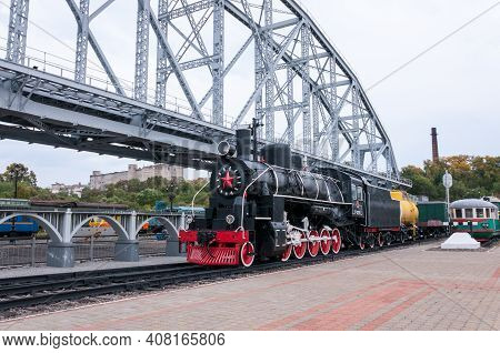 Russia, Khabarovsk, September 15, 2018: Museum Of The History Of The Amur Bridge, An Old Steam Locom