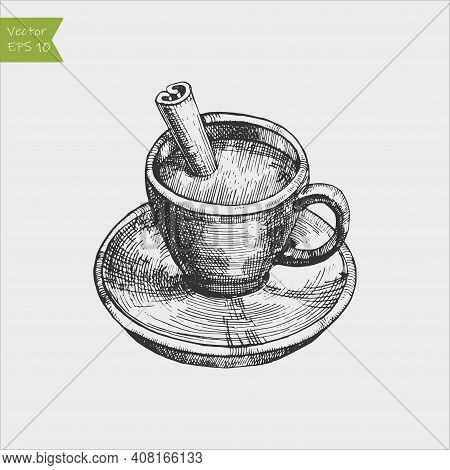 Hot Chocolate In A Cup With Sticks Of Cinnamon. Vector Illustration. Menu Or Signboard Template For 