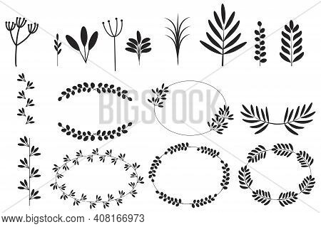 Spikelets Set In Linear Style. Sketch Botanical Illustration. Decorative Element. Wedding Design. St
