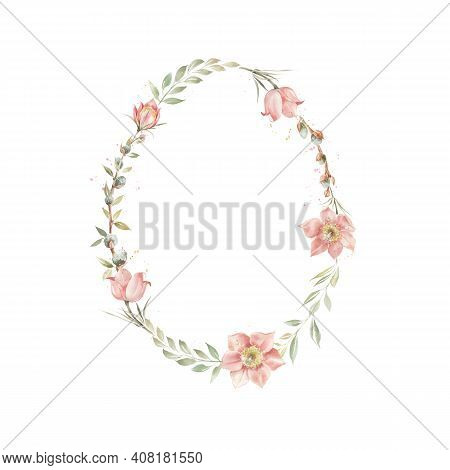 Cute Oval Wreath With Spring Flowers And Leaves, Pastel Color Design. Vintage Invitation, Retro Styl