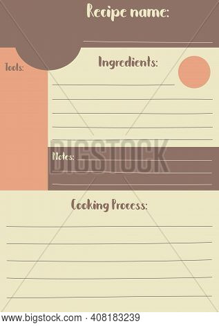Vertical Recipe Template In Warm Color Palette, A5 Vertical Format. Cookbook Notepad Page In Cozy Re