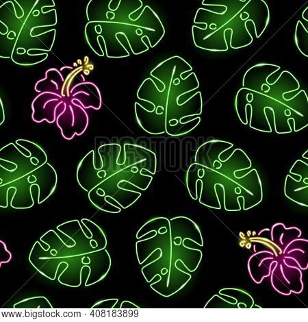 Seamless Pattern With Neon Monstera Leaf And Hibiscus On Black Background. Exotic, Summer, Tropical,