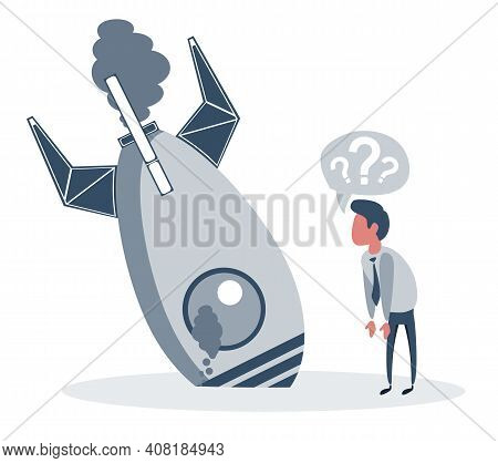 Businessman With Plan And Rocket Crashed. Business Failure, The Rocket Fall Down. Cartoon Vector Ill