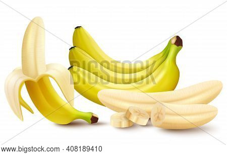 Set Of 3d Vector Realistic Illustration Bananas. Banana,half Peeled Banana,bunch Of Bananas, Pieces 