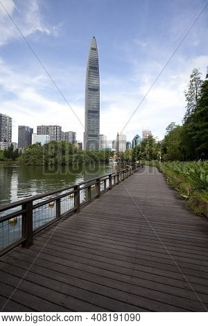 Shenzhen, China - Oct 20 : Kingkey Financial Center Looking From Lizhi Park On October 20,2014 In Sh