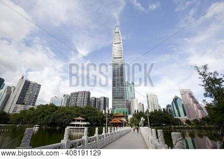 Shenzhen, China - Oct 20 : Kingkey Financial Center Looking From Lizhi Park On October 20,2014 In Sh
