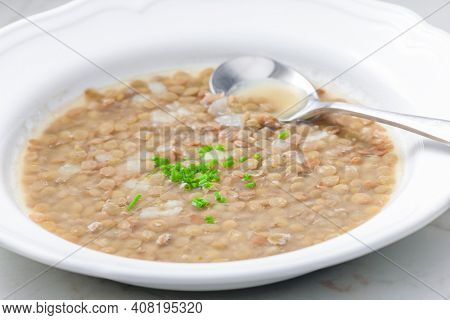 lentil soup with whte onion and chive