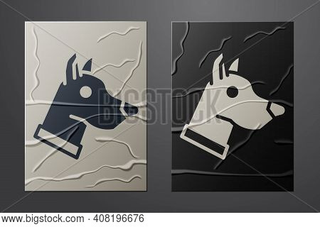 White Dog Head Icon Isolated On Crumpled Paper Background. Paper Art Style. Vector