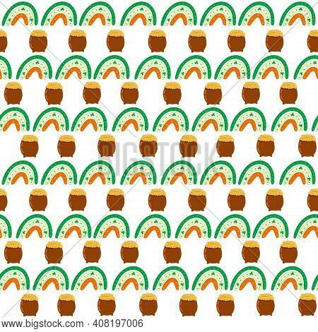 Pot Of Gold And Rainbow Seamless Pattern. St Patricks Day Traditional Symbols. Vector Hand Drawn Bac