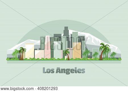 Los Angeles City Skyline In Usa, Flat Vector Image.