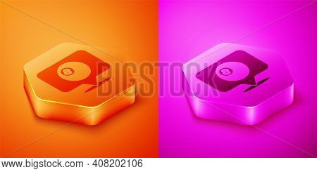 Isometric Map Pointer With Billiard Pool Snooker Ball With Number 8 Icon Isolated On Orange And Pink