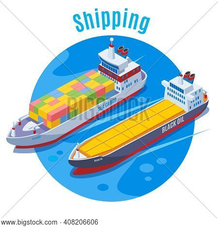 Round Seaport Isometric Background With Two Logistic Ship On Blue Fond And Big Headline Shipping Vec