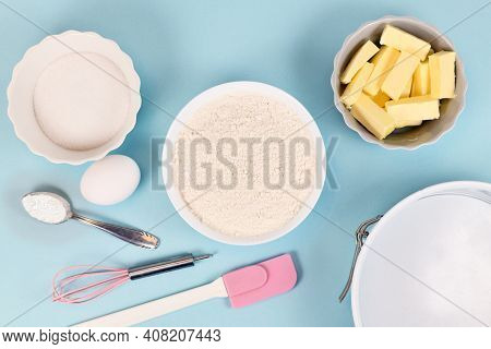 Ingredients For Baking Dough For Shortcrust Cake Base With Flour, Sugar, Baking Bowder And Egg In Bo