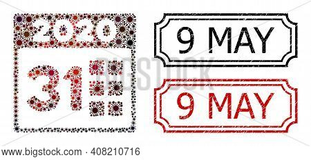 Mosaic 2020 Last Day Composed Of Flu Virus Elements, And Grunge 9 May Rectangle Seals With Notches.