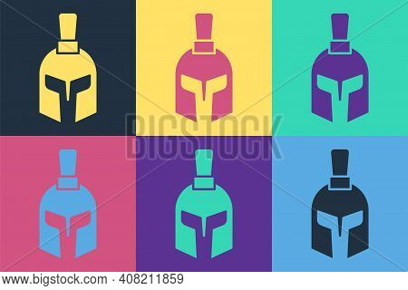 Pop Art Greek Helmet Icon Isolated On Color Background. Antiques Helmet For Head Protection Soldiers
