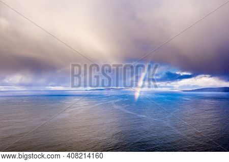 Aerial View Of An Rainbow Above The Atlantic Ocean In Donegal - Ireland