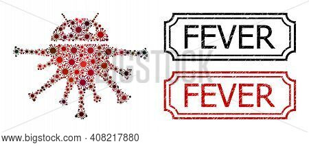 Mosaic Nanobot Designed From Sars Virus Items, And Grunge Fever Rectangle Seal Stamps With Notches. 