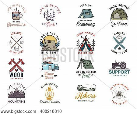 Camping Adventure Badges Logos Set, Vintage Travel Emblems. Hand Drawn Line Art Stickers Designs Big