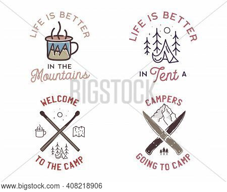Camping Adventure Badges Logos Set, Vintage Travel Emblems. Hand Drawn Line Art Stickers Designs Bun