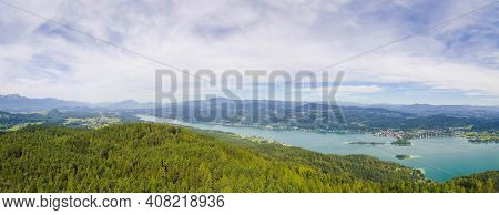 Aerial View Of The Alpine Lake Worthersee, Famous Tourist Attraction For Many Water Activity In Klag