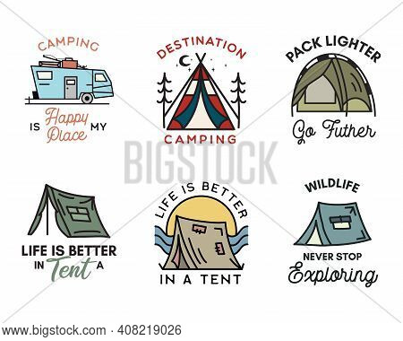 Camping Adventure Badges Logos Set, Vintage Travel Emblems. Hand Drawn Line Art Stickers Designs Bun
