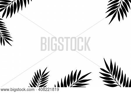 Floral Frame With Exotic Branches On White Background. Ornate Border With Tropic Leaves. Outline Vec