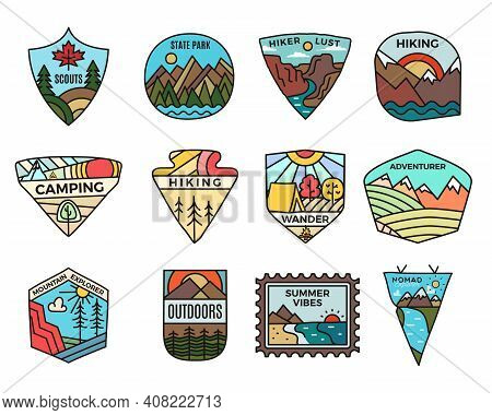 Camping Adventure Logos Set, Vintage Travel Emblems. Hand Drawn Hiking Badges, Mountain Stickers Des