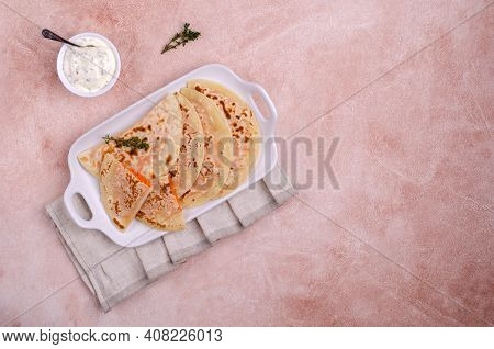 Baked Bread With Vegetable Filling On A Stone Background. Selective Focus.