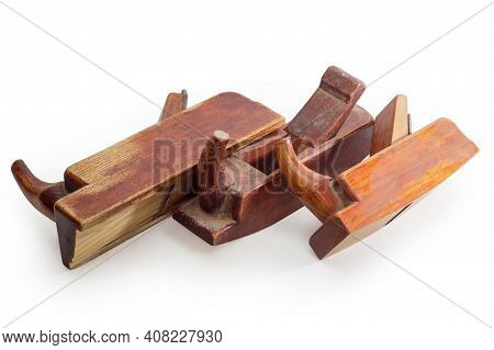 Three Vintage Wooden Hand Planes Intended For Different Special Purposes, Begrimed With Dust On A Wh