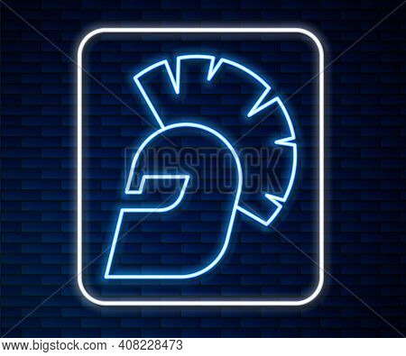 Glowing Neon Line Greek Helmet Icon Isolated On Brick Wall Background. Antiques Helmet For Head Prot