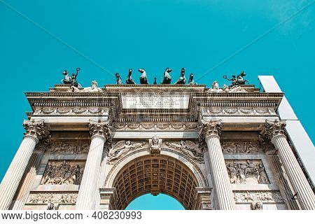 Milan, Italy, 08.29.2020 Porta Sempione Is A City Gate Of Milan. The Gate Is Marked By A Landmark Tr