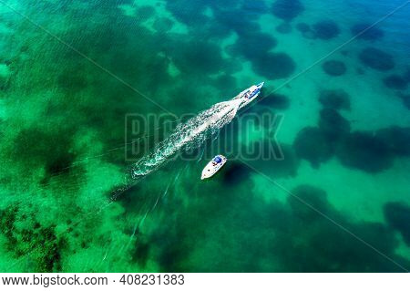 Aerial View Of Amazing Boats In Croatia. Minimalistic Landscape Background With Boats And Sea In Mar