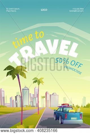 Travel Coupon With Summer Landscape, Town And Car With Luggage On Road. Vector Flyer With Promocode 