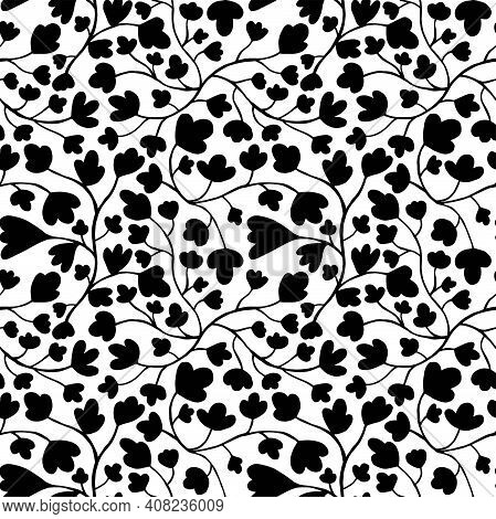 Tangled Field Flowers Black And White Seamless Pattern Stock Vector Illustration. Monochrome Chaotic
