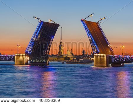 Neva river and open Palace (Dvortsovy) Bridge - St. Petersburg Russia