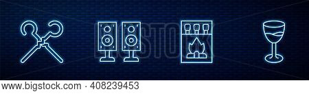 Set Line Matchbox And Matches, Bbq Skewers, Stereo Speaker And Wine Glass. Glowing Neon Icon On Bric
