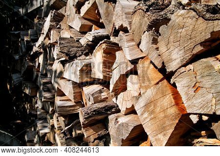 Cut Wood, Firewood For The Winter. Cut Logs Fire Wood And Ready Pieces Of Wood For Heating Wood. Lum