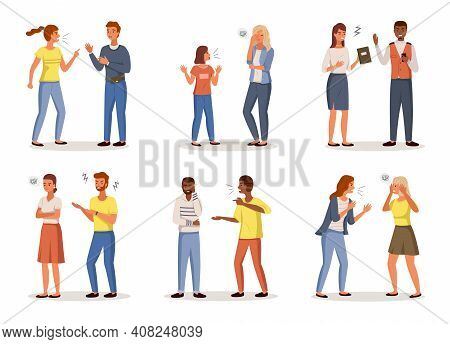 Angry People. Conflict Situations. Cartoon Characters Quarrel With Colleagues And Children, Partners
