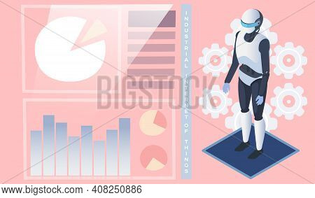 Internet Of Things. Robot Cybernetic Organism Works Digital Data, Diagrams And Charts. Humanoid Virt