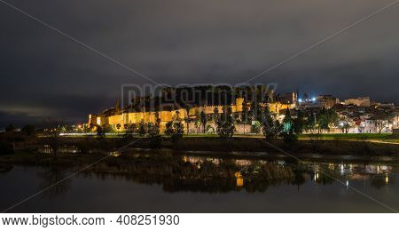 Night View Moorish Fortification, Called Arab Alcazaba, In Badajoz, Extremadura, Spain
