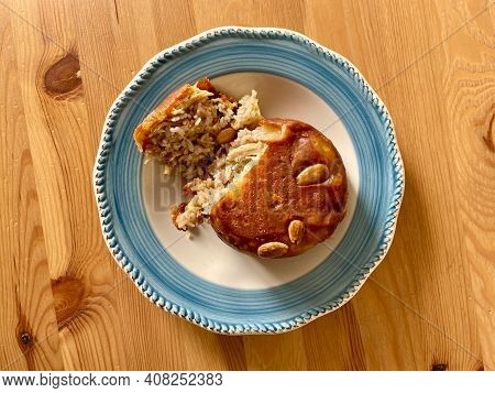 Turkish Perde Pilavi. Drape Pilaf With Chicken, Almond And Raisin. Pilav