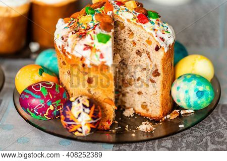 Traditional Easter Holiday Table Served With Easter Cake And Eggs