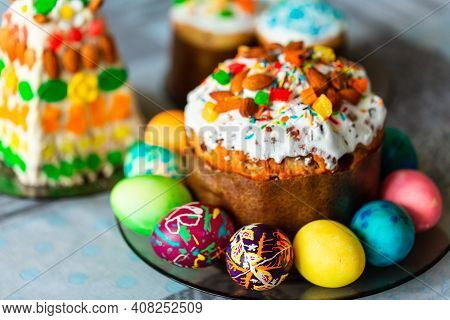 Traditional Easter Holiday Table Served With Easter Cake And Eggs