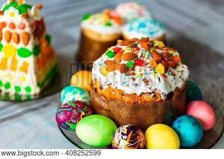 Traditional Easter Holiday Table Served With Easter Cake And Eggs