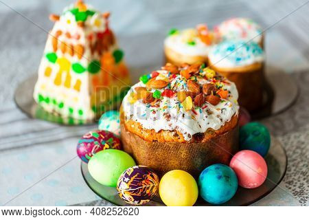 Traditional Easter Holiday Table Served With Easter Cake And Eggs