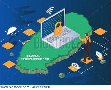 Industrial Internet Of Things Opened Laptop And Closed Padlock Symbol. Digital Technologies, Persona