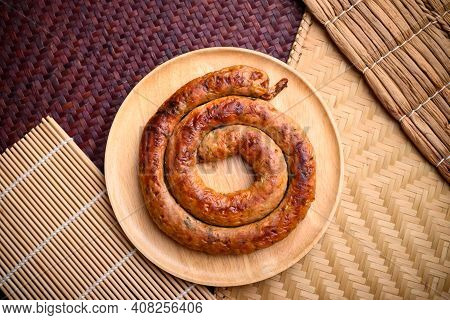 Northern Thai Sausage (sai Aua), Grilled Intestine Stuffed With Minced Pork, Spices And Herbs, Popul