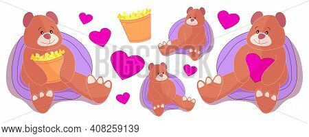 Set Of Brown Teddy Bears Holding A Heart And Popcorn In Their Paws. Children's Stock Vector Illustra